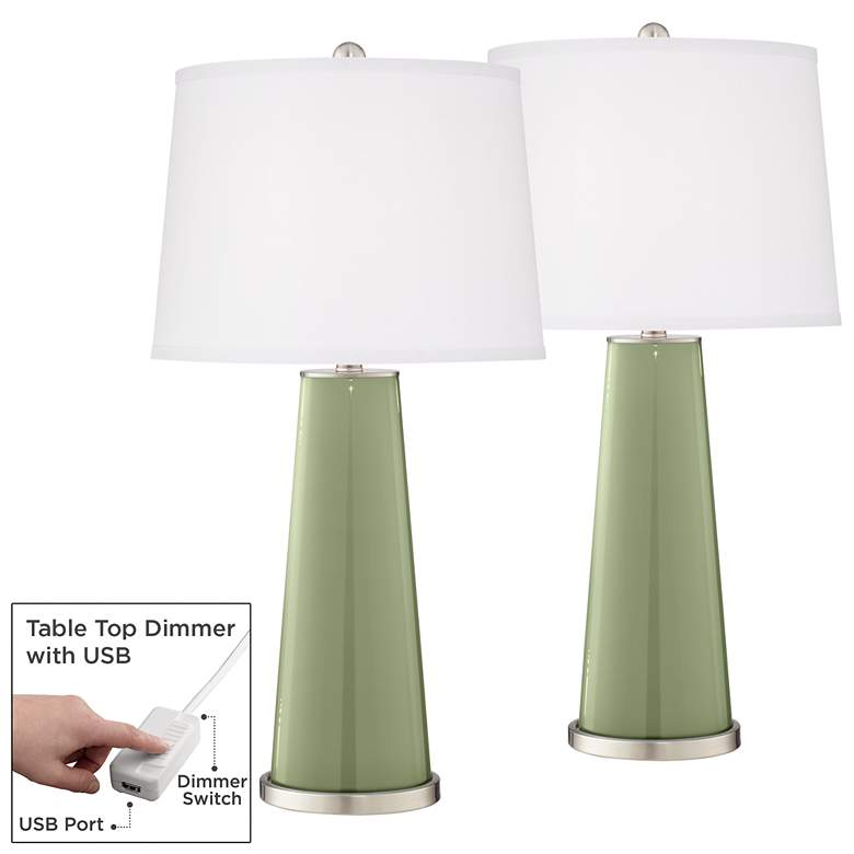 Image 1 Majolica Green Leo Table Lamp Set of 2 with Dimmers