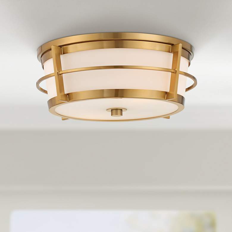 Image 1 Maka 14 3/4 inchW Warm Antique Brass Frosted Glass Ceiling Light