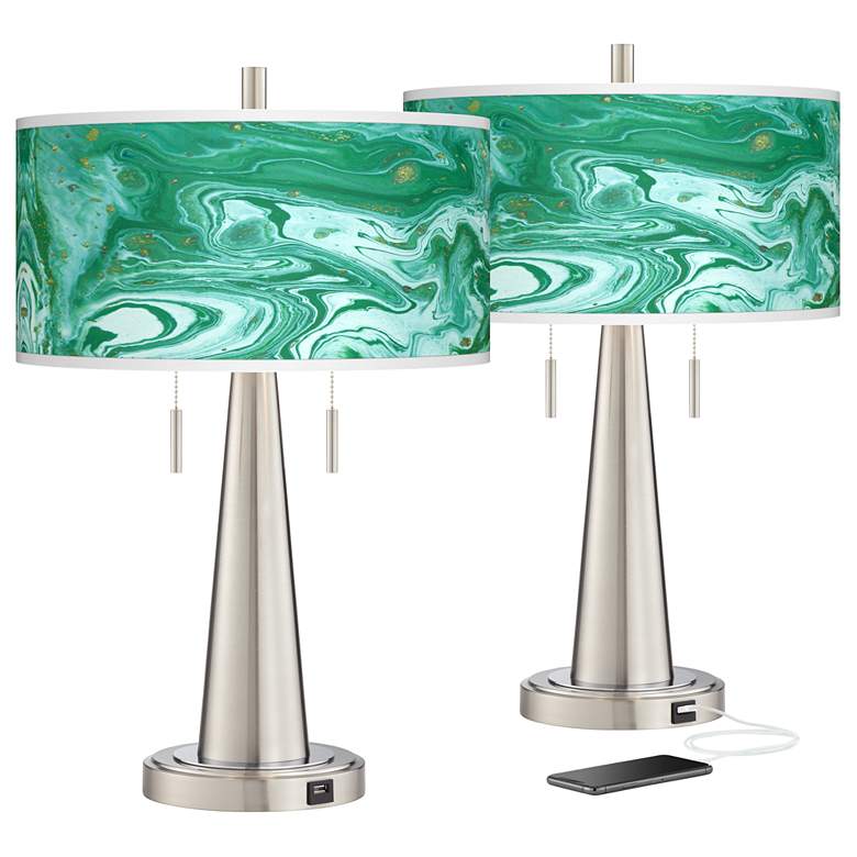 Image 1 Malachite Vicki Brushed Nickel USB Table Lamps Set of 2