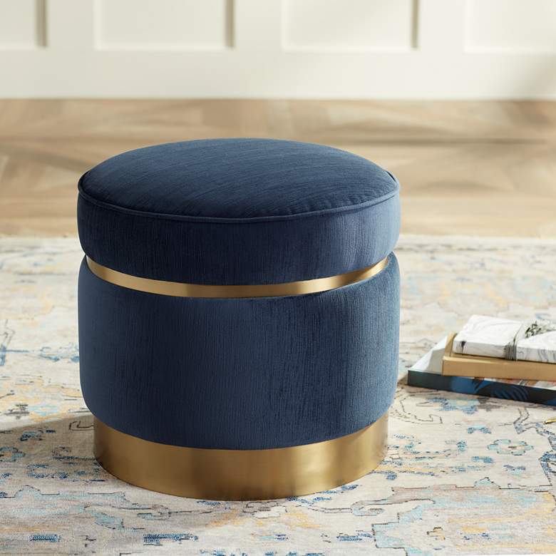 Image 1 Malcolm Dark Blue Fabric Banded Ottoman