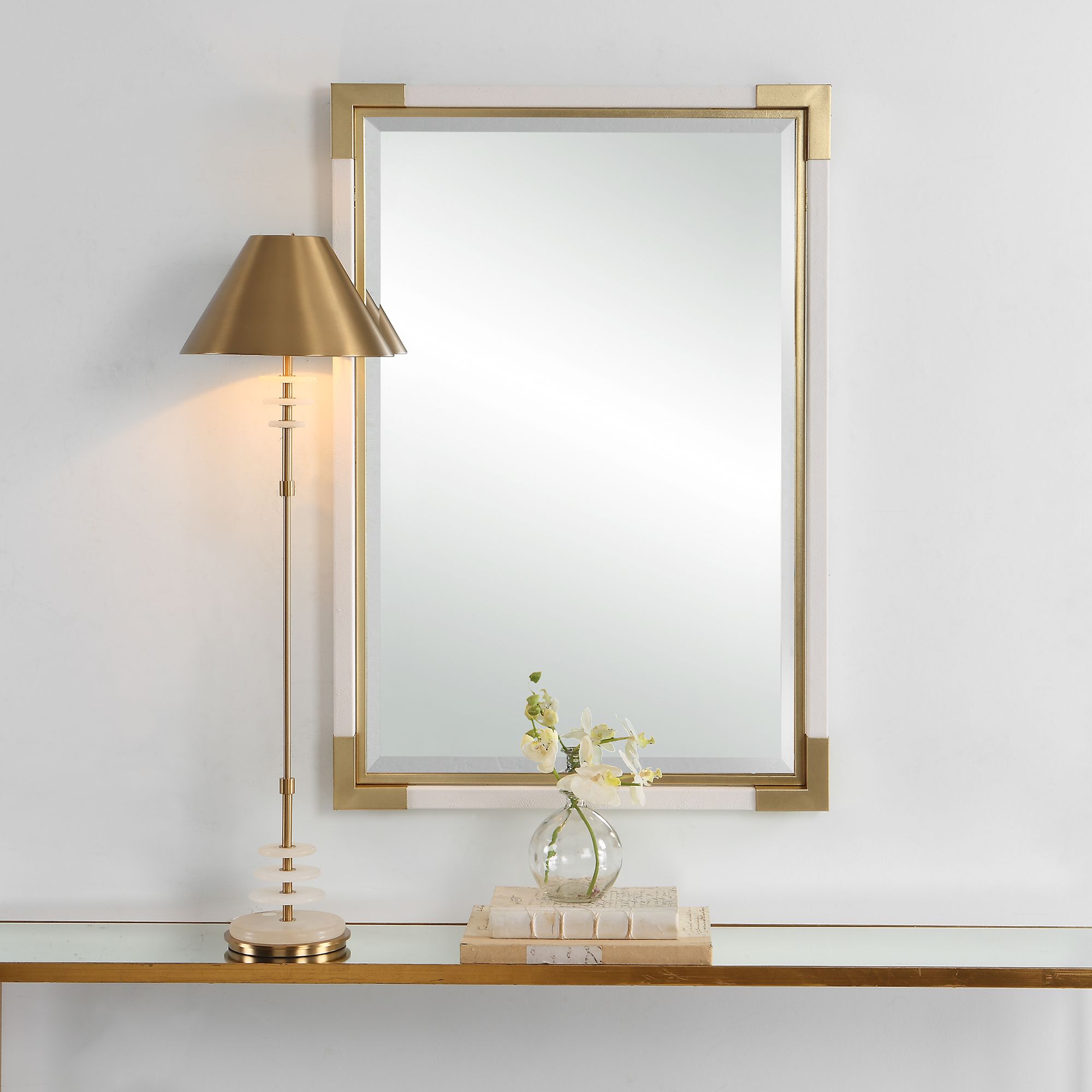 Malik White and Gold Leaf 27 1/4" x 39 1/4" Wall Mirror in scene