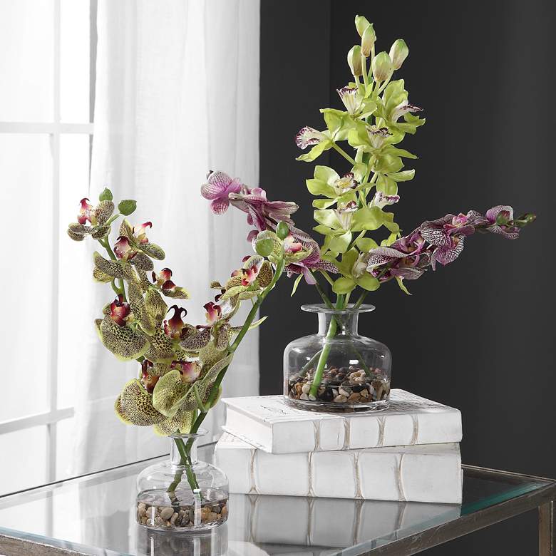 Image 1 Malin Green and Purple Orchid Faux Flowers in Vases Set of 2