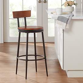 Image2 of Malio 18" Wide Wood and Hammered Bronze Rustic Farmhouse Barstool