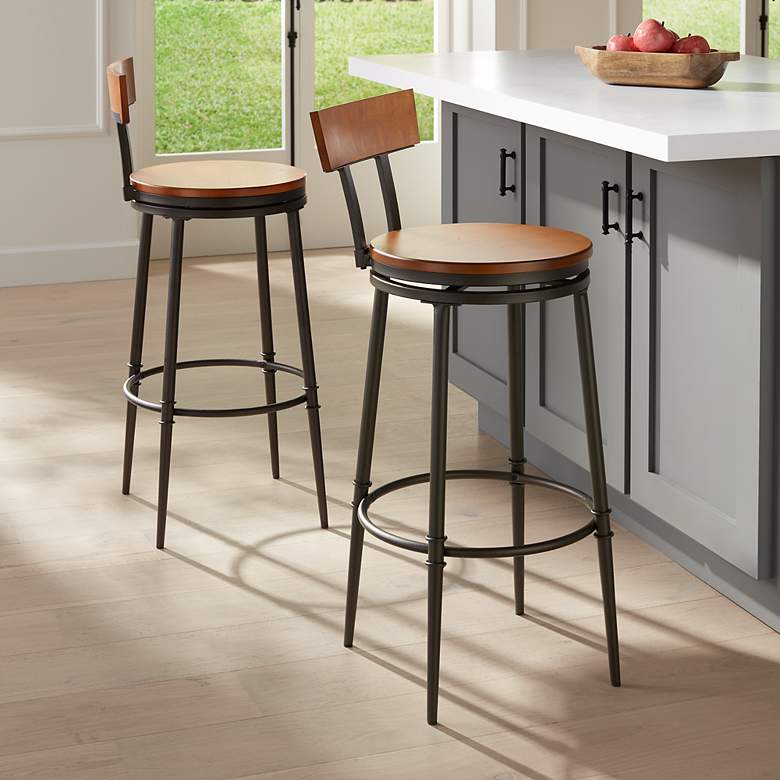 Image 2 Malio 29 1/2" Hammered Bronze and Wood Bar Stools Set of 2
