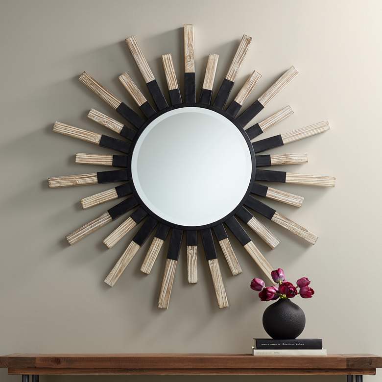 Image 1 Mallie 42" Round Black Metal Whitewash Sunburst Wall Mirror