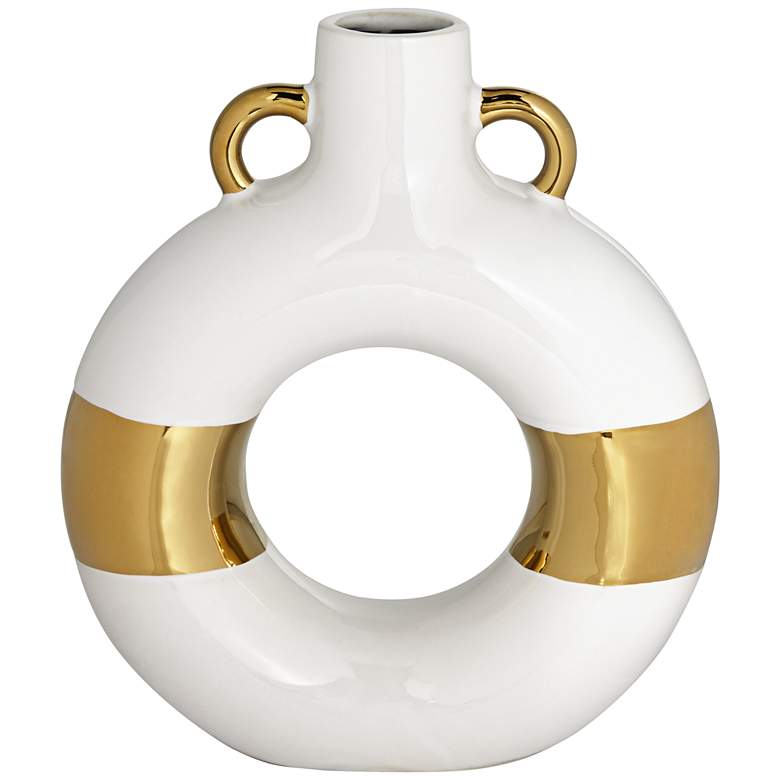 Image 2 Mallory 11 inch High White and Gold Ceramic Vase with Handles