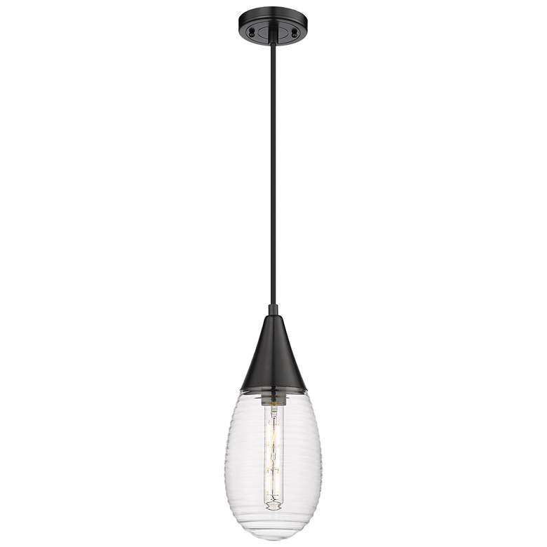 Image 1 Malone 6 inch Wide Cord Hung Matte Black Pendant With Striped Clear Shade
