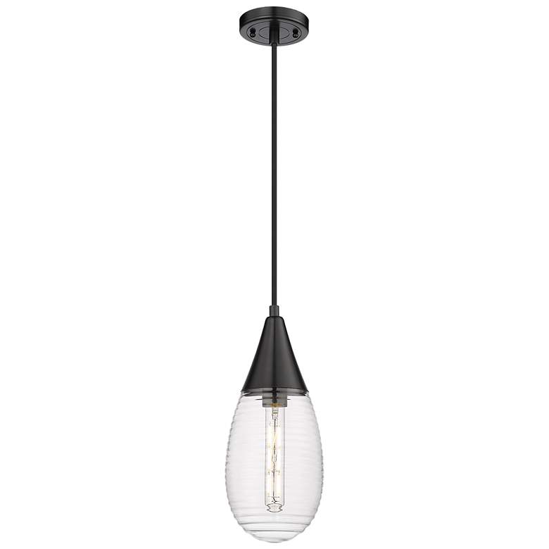 Image 1 Malone 6" Wide Cord Hung Matte Black Pendant With Striped Clear Shade