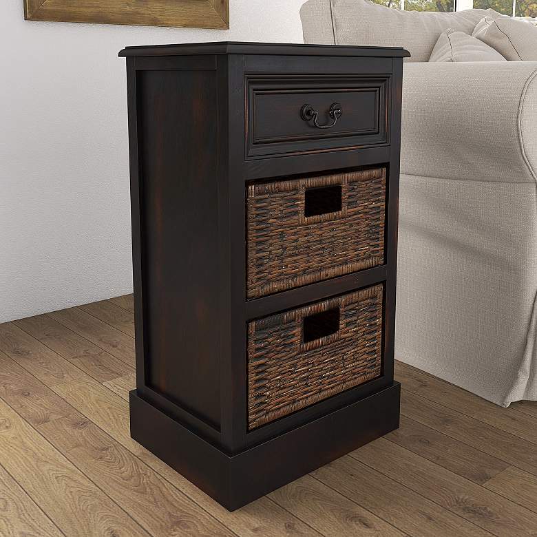 Image 1 Malta 16"W Dark Brown Wood 1-Drawer End Table with 2 Baskets