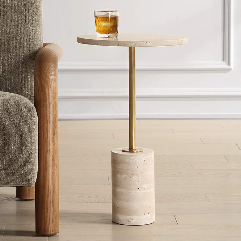 Image 1 Malya 14"W Natural Travertine and Brass Round Accent Table
