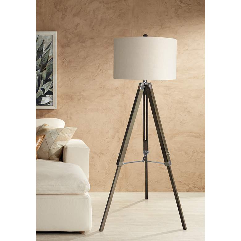 Image 1 Manda Weathered Gray and Polished Nickel Tripod Floor Lamp