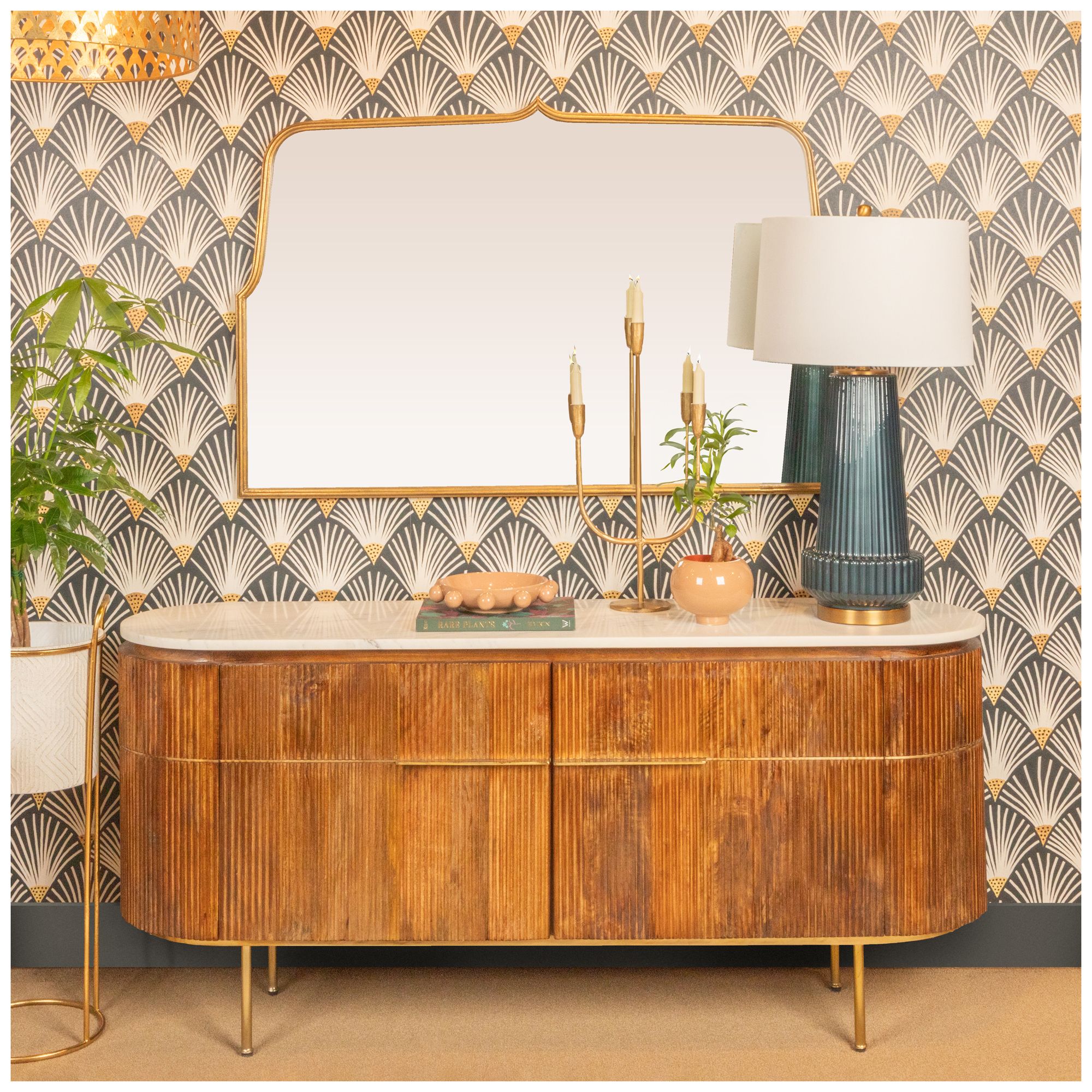 Image 2 Mango Wood and Marble TV Cabinet with Two Doors and Shelves, Natural more views