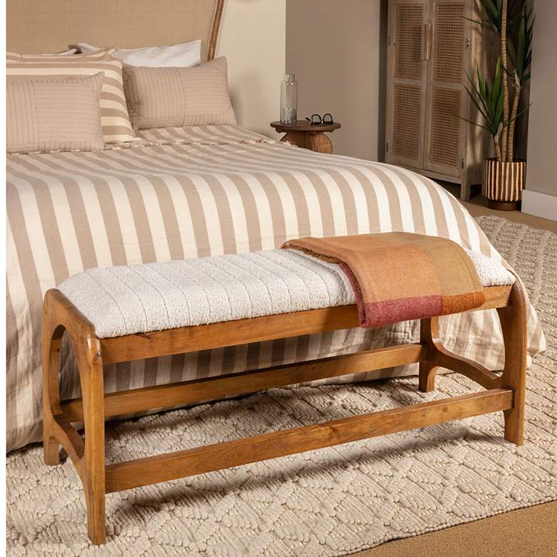 Image 1 Mango Wood Arch Bench with Fabric Seat in Natural Finish
