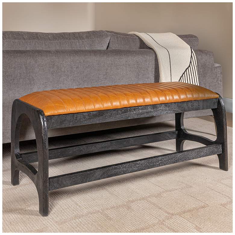 Image 1 Mango Wood Arch Bench with Leather Seat in Black