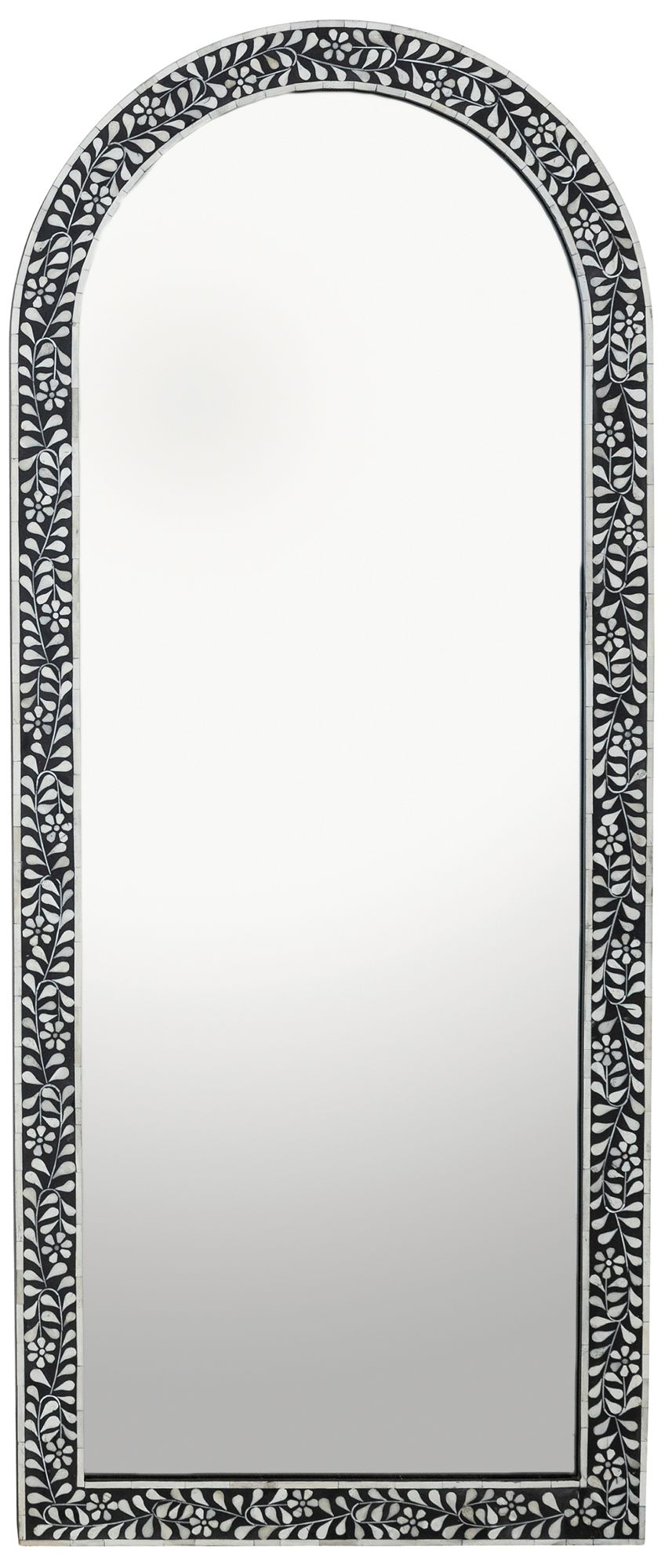 Mango Wood Arched Mirror with Bone Inlay Flowers and Leaves