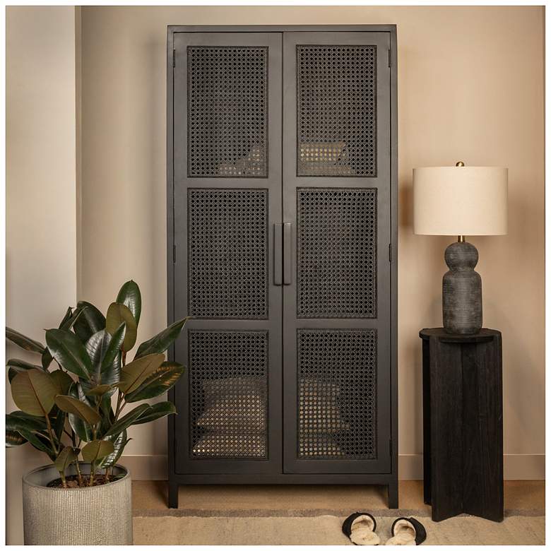 Image 1 Mango Wood & Cane 2-Door Curio Cabinet