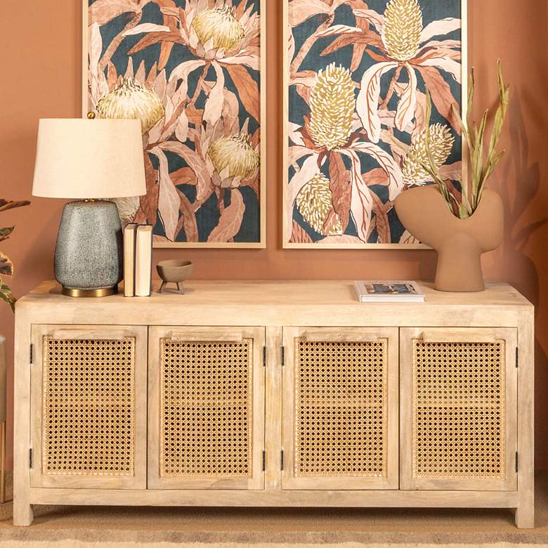 Image 1 Mango Wood & Cane 4-Door Sideboard Cabinet