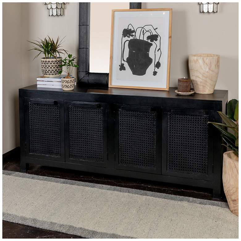 Image 1 Mango Wood & Cane 4-Door Sideboard Cabinet