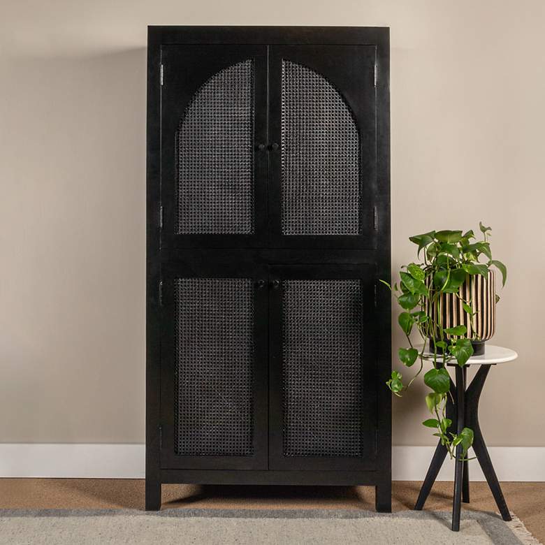 Image 1 Mango Wood & Cane Arched Door Curio Cabinet