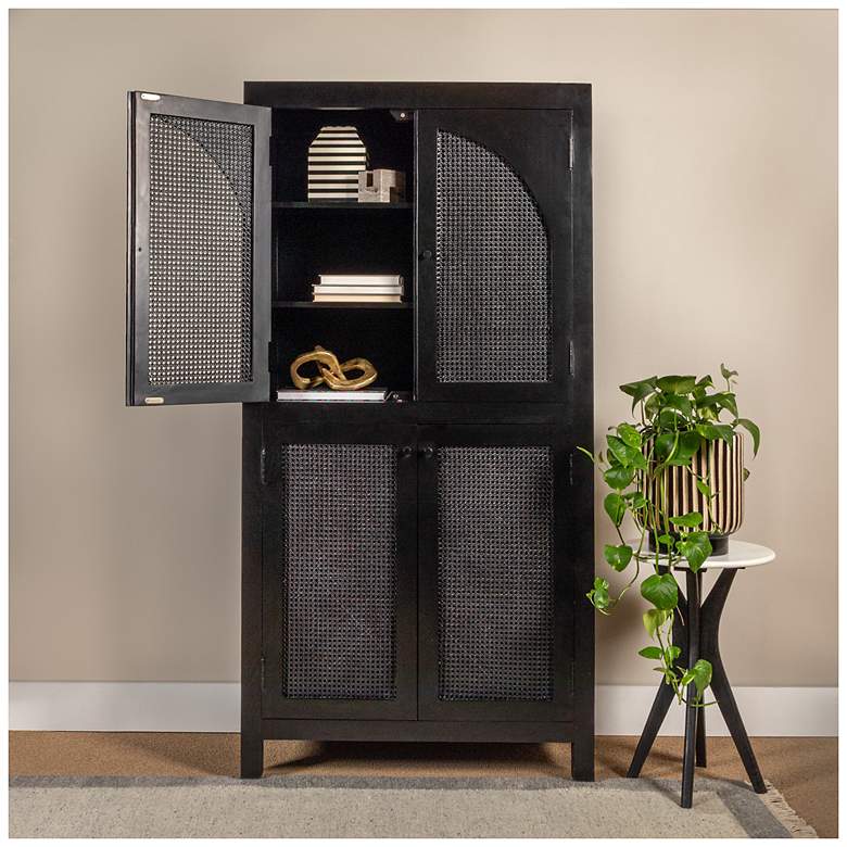 Image 3 Mango Wood & Cane Arched Door Curio Cabinet more views