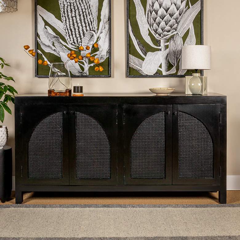 Image 1 Mango Wood & Cane Arched Door Sideboard Cabinet