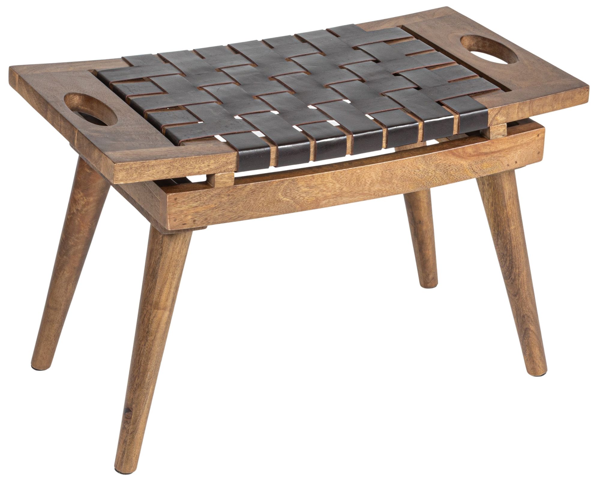 Image 2 Mango Wood Stool with Woven Leather Top, Black and Natural