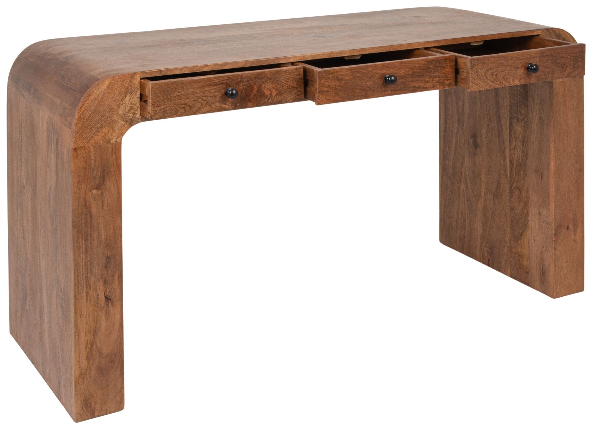 Mango Wood Waterfall Desk with 3 Drawers, Walnut Finish