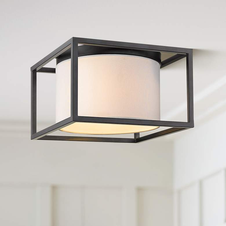 Image 1 Manhattan 12" Wide Matte Black 2-Light Flush Mount With Modern White S