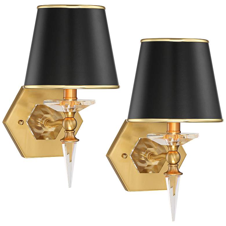 Image 2 Manhattan 13" High Black and Brass Crystal Wall Sconce Set of 2