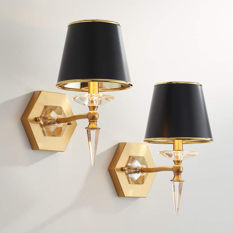 Image 1 Manhattan 13" High Black and Brass Crystal Wall Sconce Set of 2