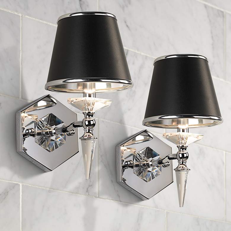 Image 1 Manhattan 13" High Black and Chrome Crystal Wall Sconce Set of 2