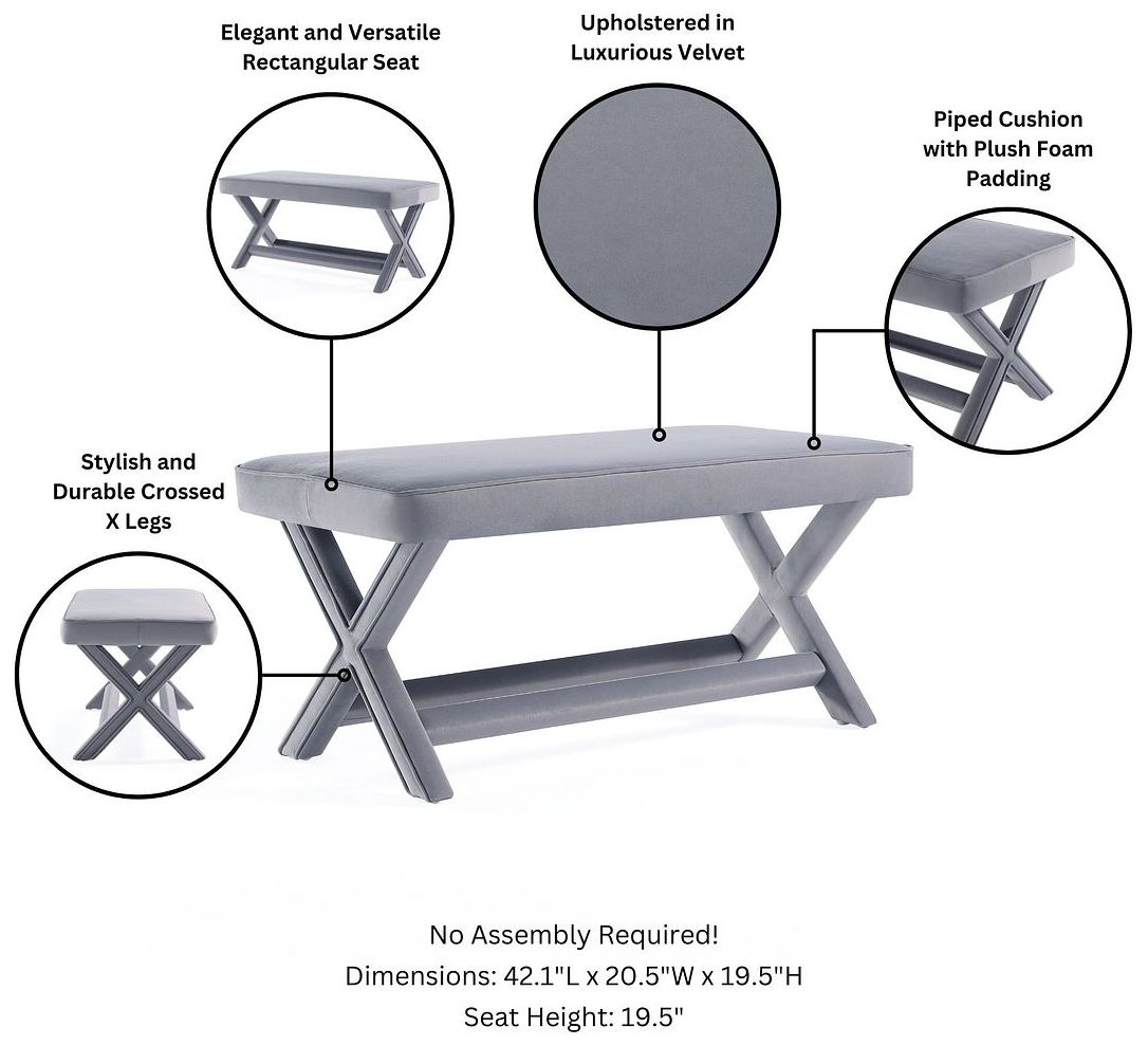 Image 4 Manhattan Comfort Abigail Velvet Upholstered Bench in Grey more views