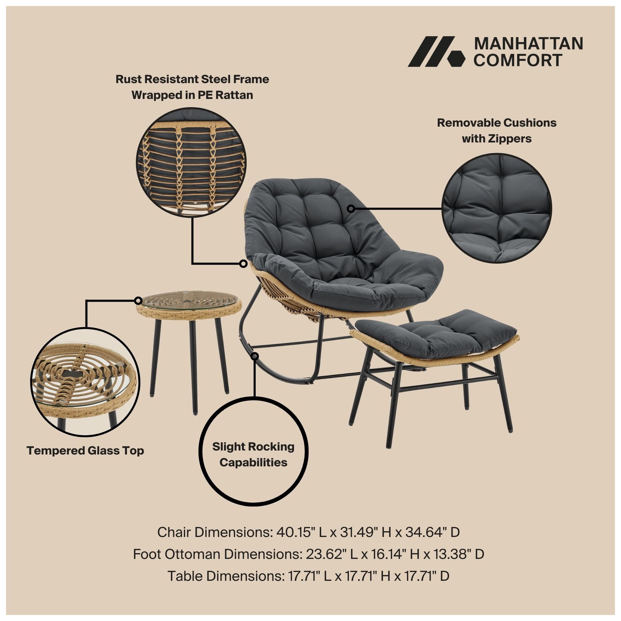 Image 4 Manhattan Comfort Benson Modern 3-Piece Patio Rocking Chair Set in Grey more views