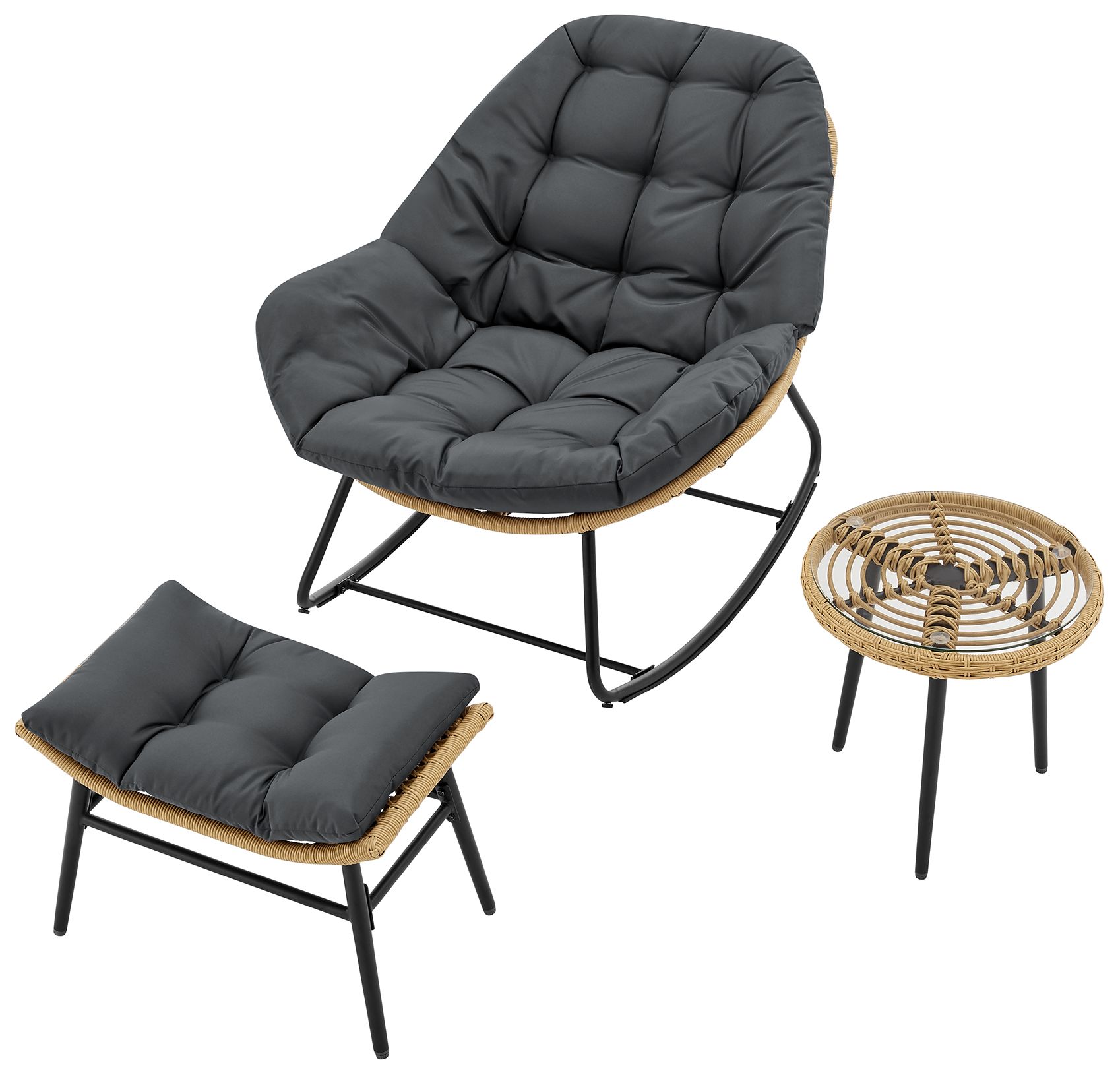 Manhattan Comfort Benson Modern 3-Piece Patio Rocking Chair Set in Grey