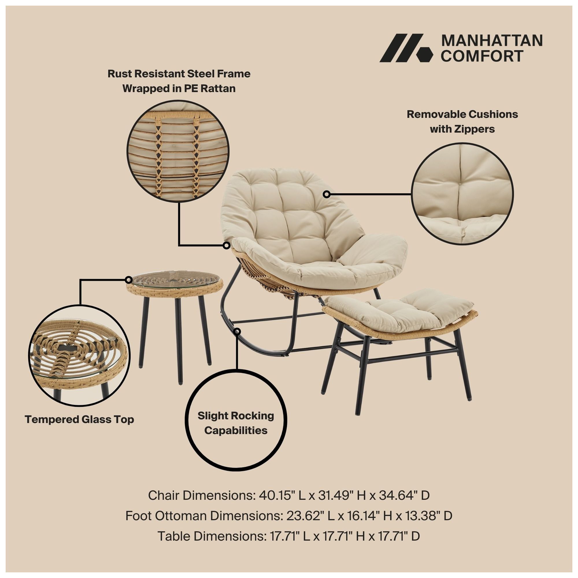 Image 3 Manhattan Comfort Benson Modern 6-Piece Patio Rocking Chair Set in Cream more views