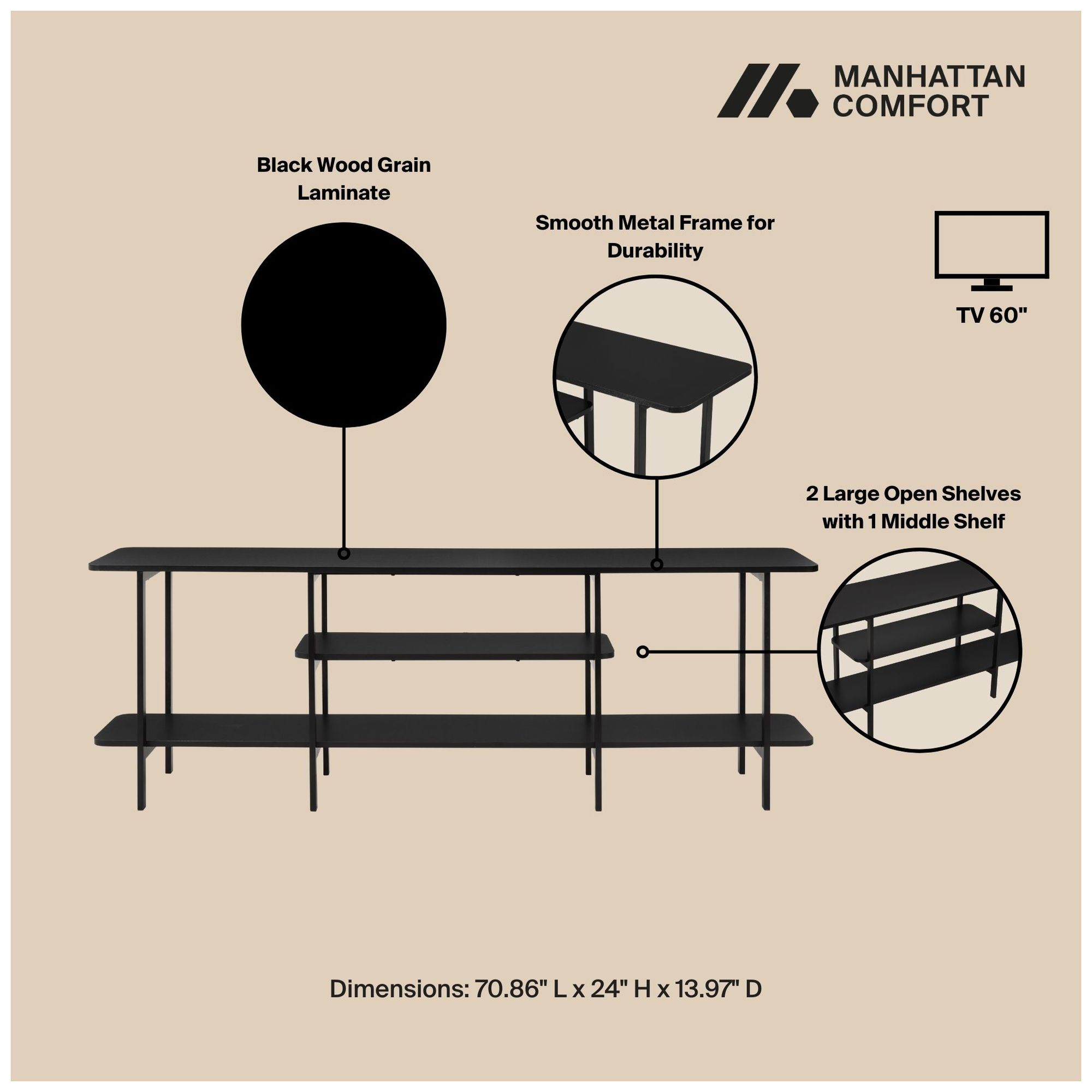 Image 4 Manhattan Comfort Celine 71" Wide Black Modern Sideboard Console Table more views