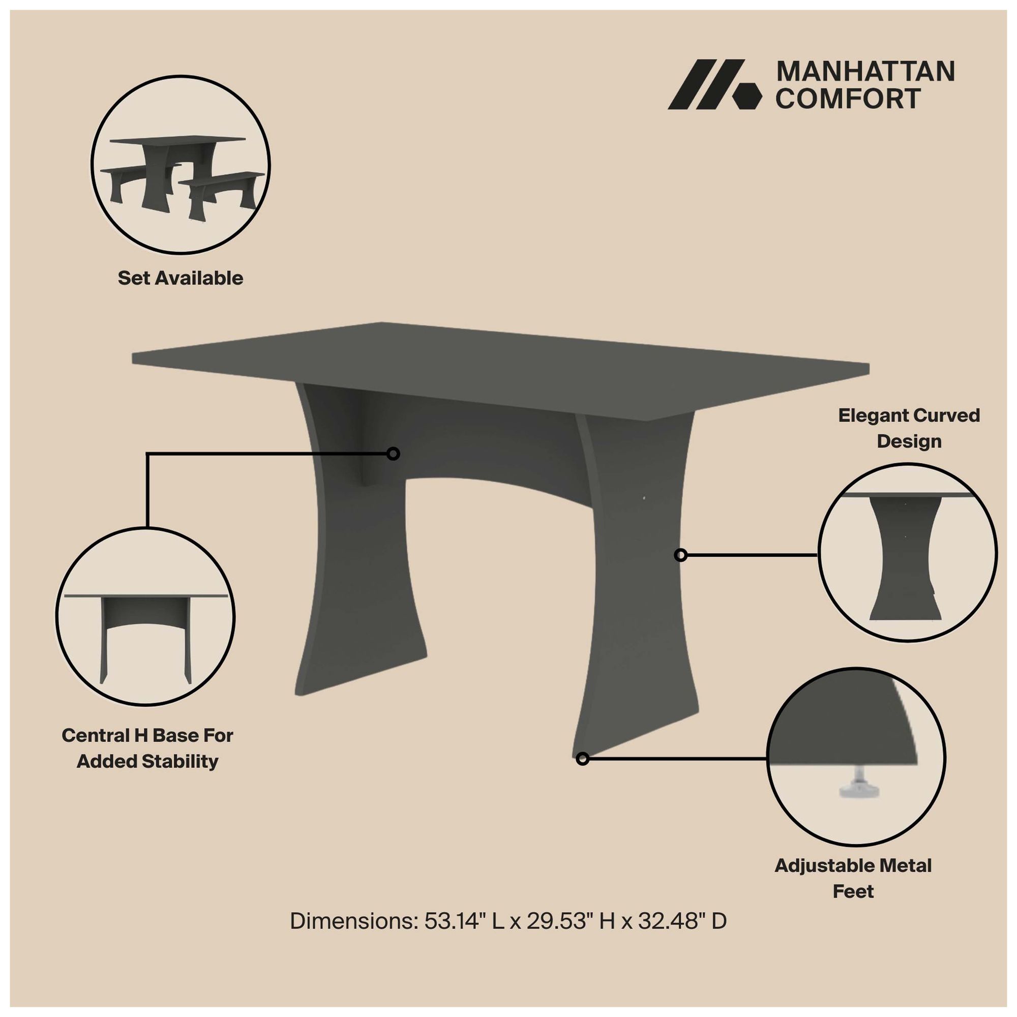 Image 4 Manhattan Comfort Coney 53.14" Mid-Century Modern Dining Table in Grey more views