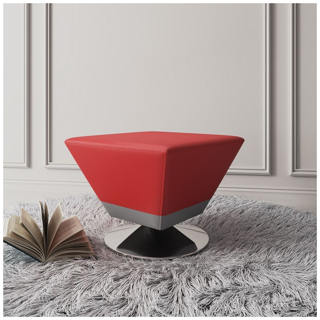 Image 2 Manhattan Comfort Diamond Red and Polished Chrome Swivel Ottoman more views
