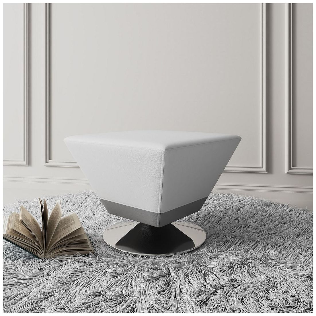 Image 2 Manhattan Comfort Diamond White and Polished Chrome Swivel Ottoman more views