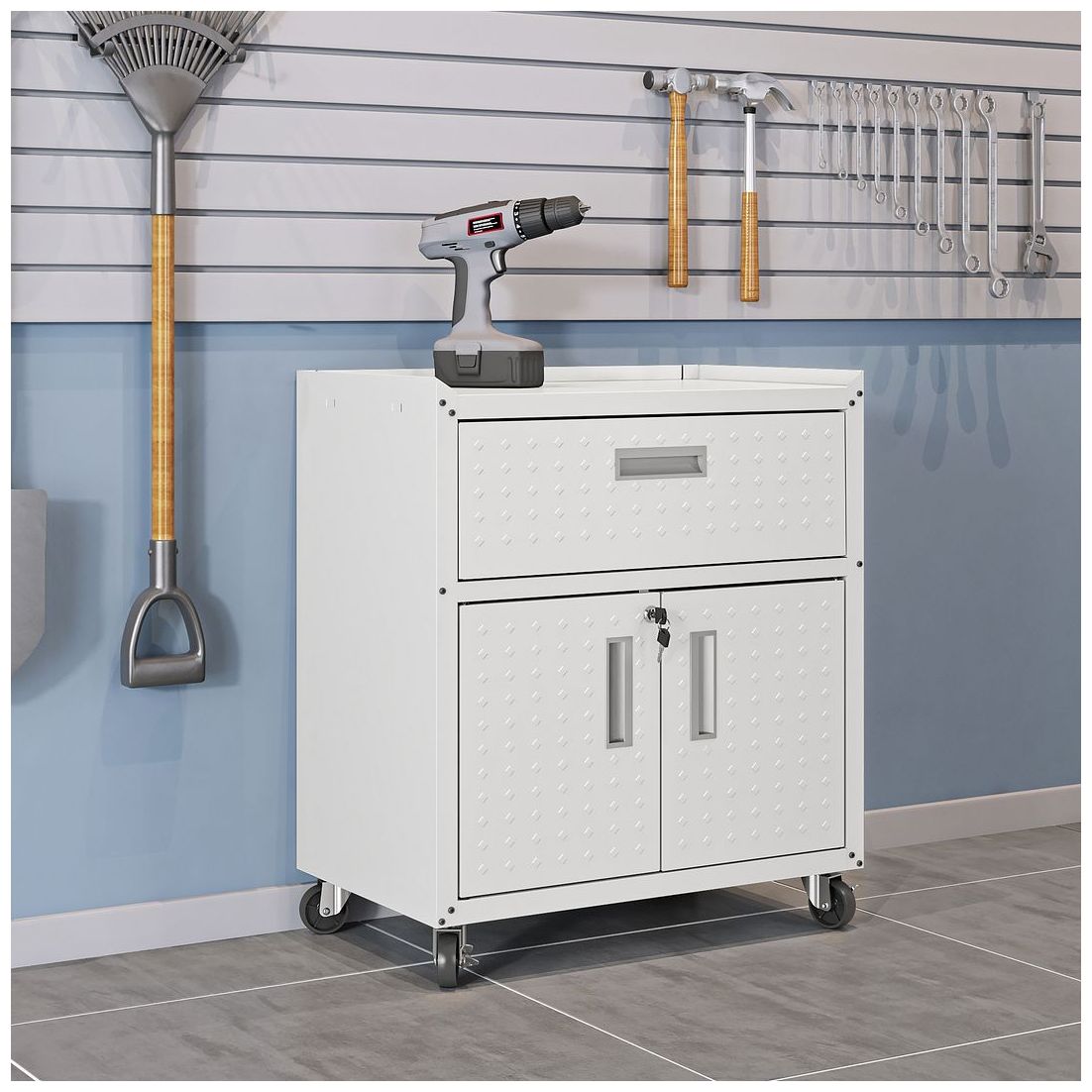 Image 2 Manhattan Comfort Fortress Textured Metal Garage Mobile Cabinet in White more views