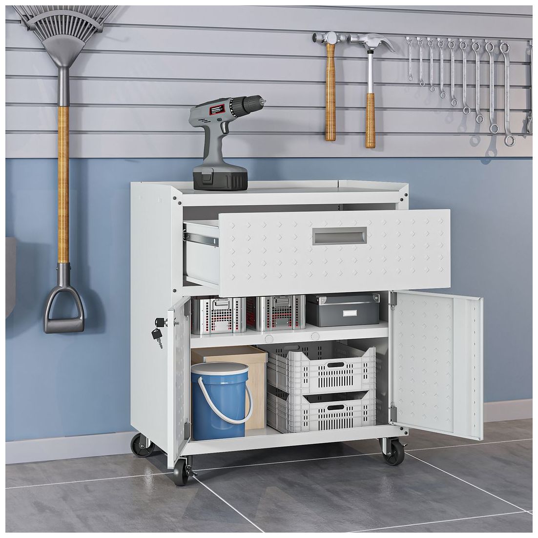 Image 4 Manhattan Comfort Fortress Textured Metal Garage Mobile Cabinet in White more views