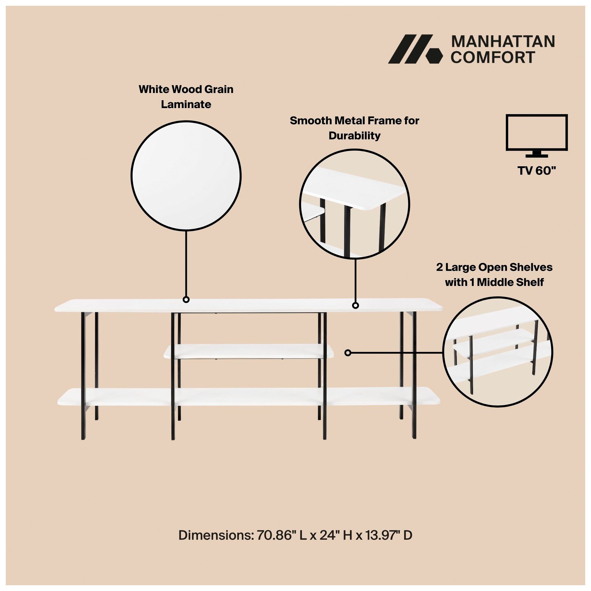 Image 4 Manhattan Comfort Modern Celine 70.86" Sideboard with 3 Shelves in Whi more views