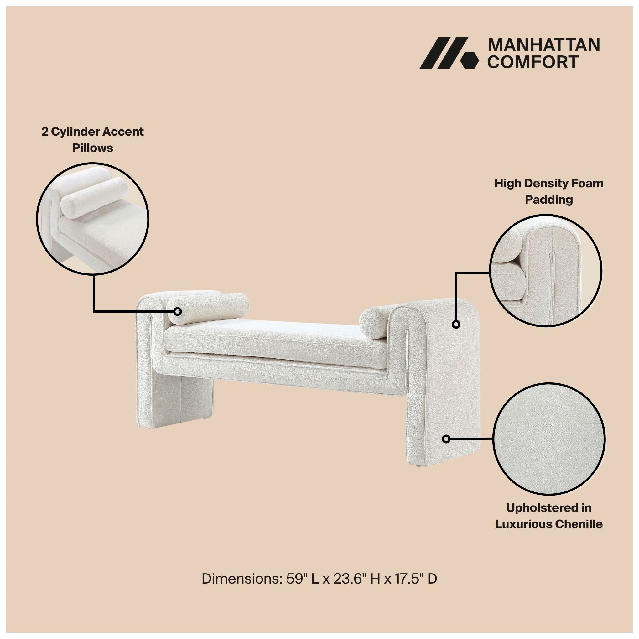Image 7 Manhattan Comfort Modern Concord Chenille 59" Bench in Ivory more views