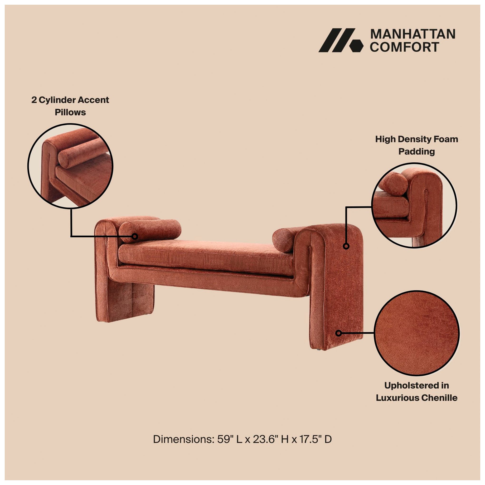 Image 4 Manhattan Comfort Modern Concord Chenille 59" Bench in Terracotta more views