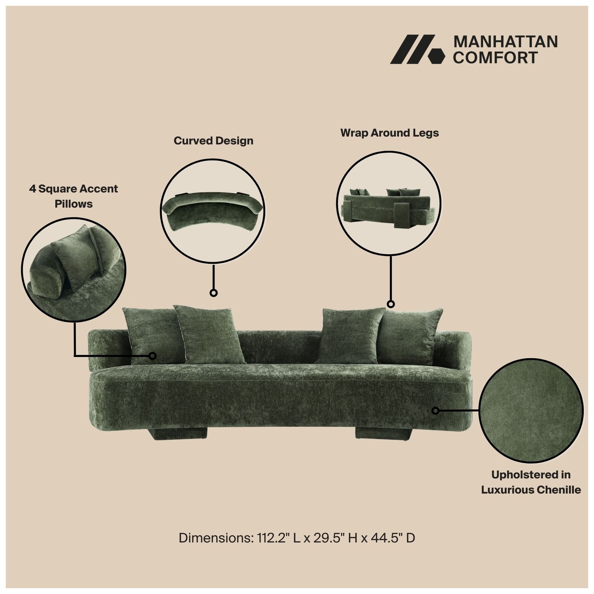 Image 4 Manhattan Comfort Modern Verandah Chenille 112" XL Sofa in Olive Green more views