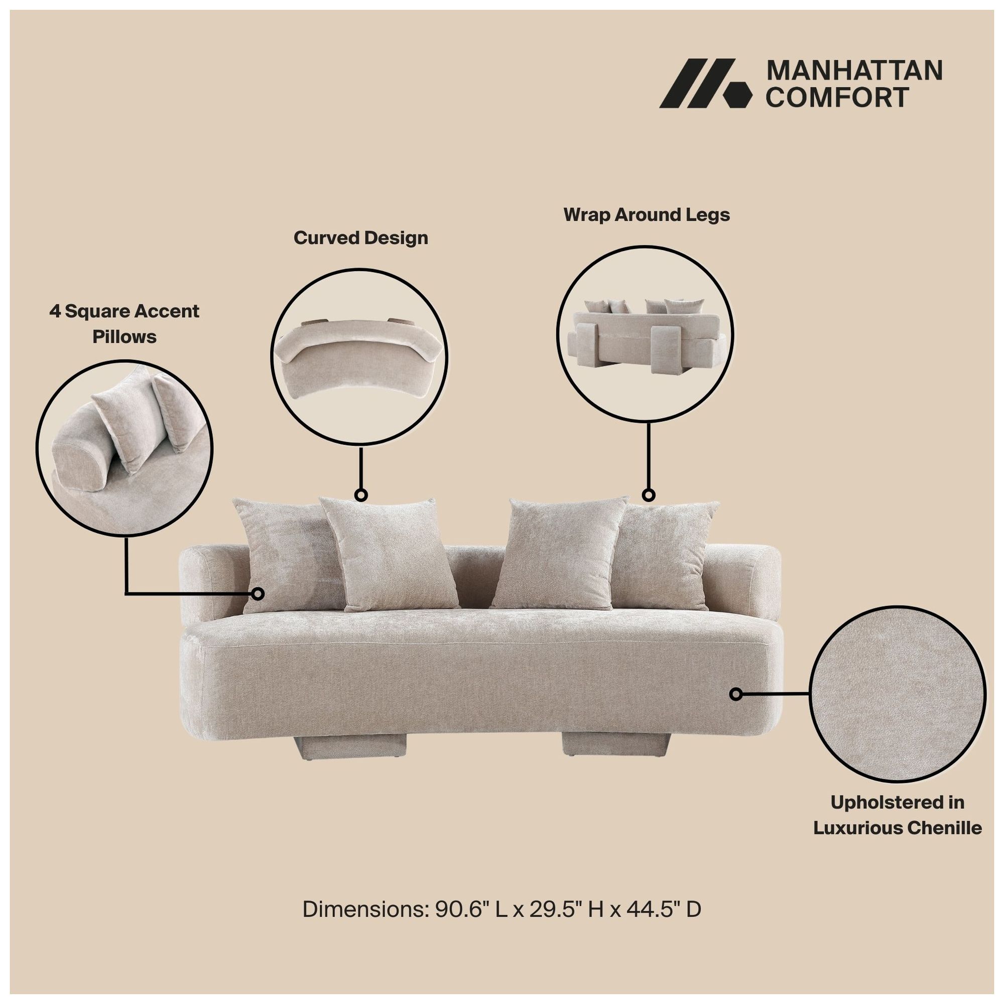 Image 4 Manhattan Comfort Modern Verandah Chenille 90.6" Sofa in Cream more views