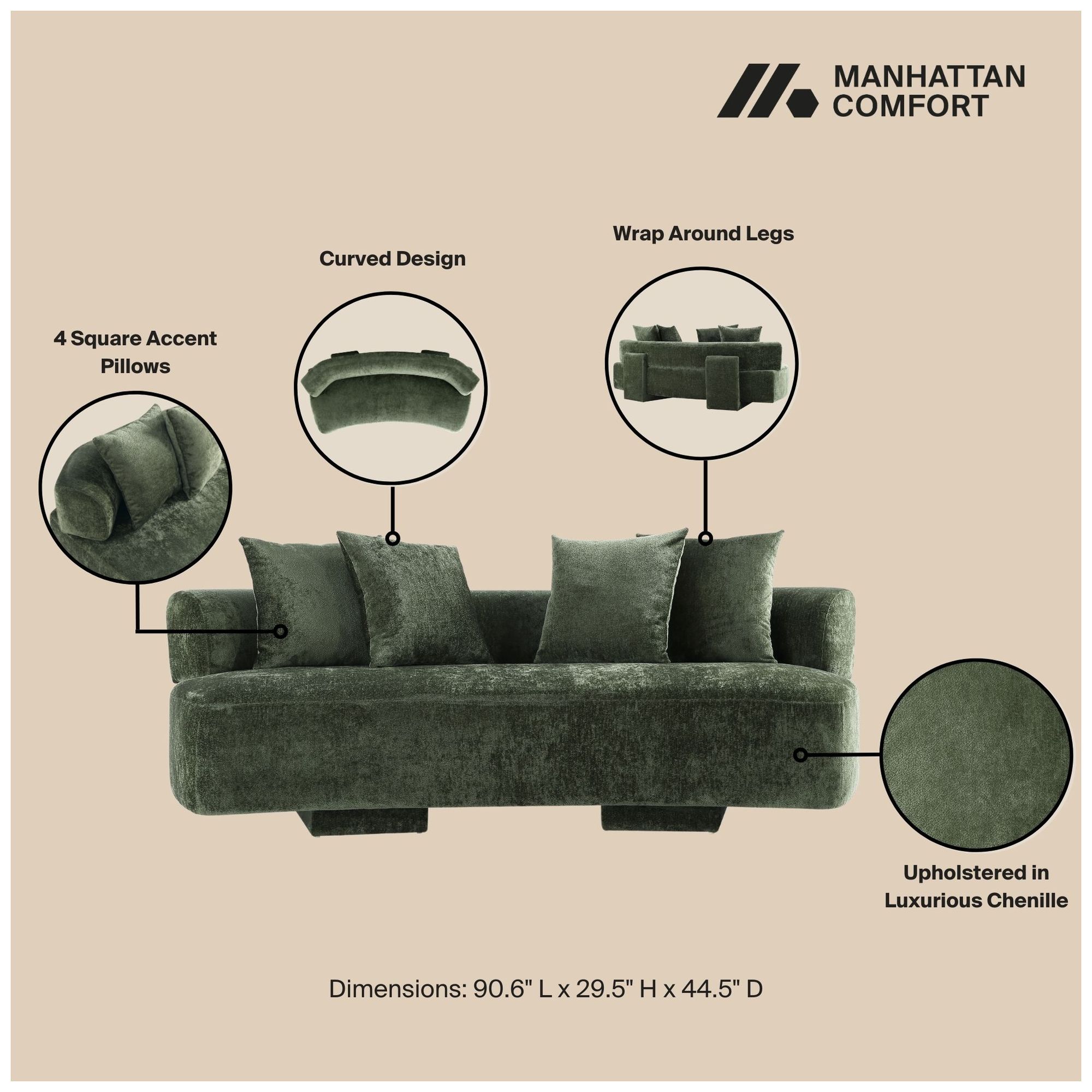 Image 4 Manhattan Comfort Modern Verandah Chenille 90.6" Sofa in Olive Green more views