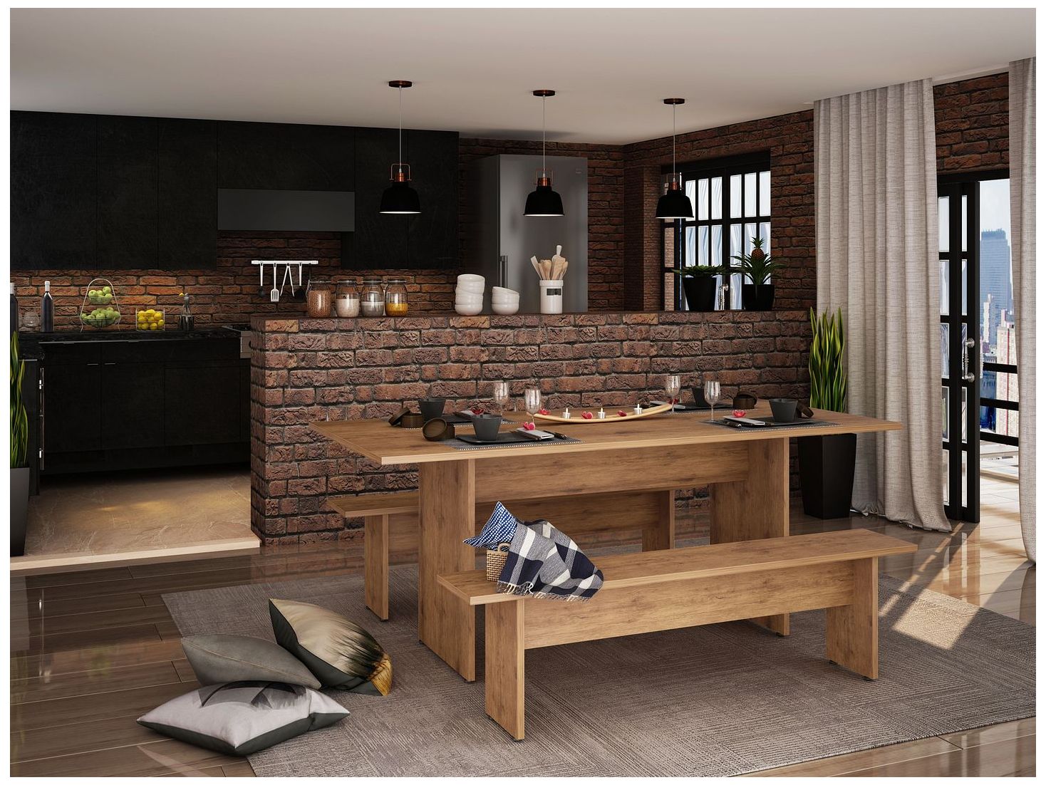 Image 2 Manhattan Comfort NoMad 67.91 Rustic Country Dining Set of 3 in Nature more views