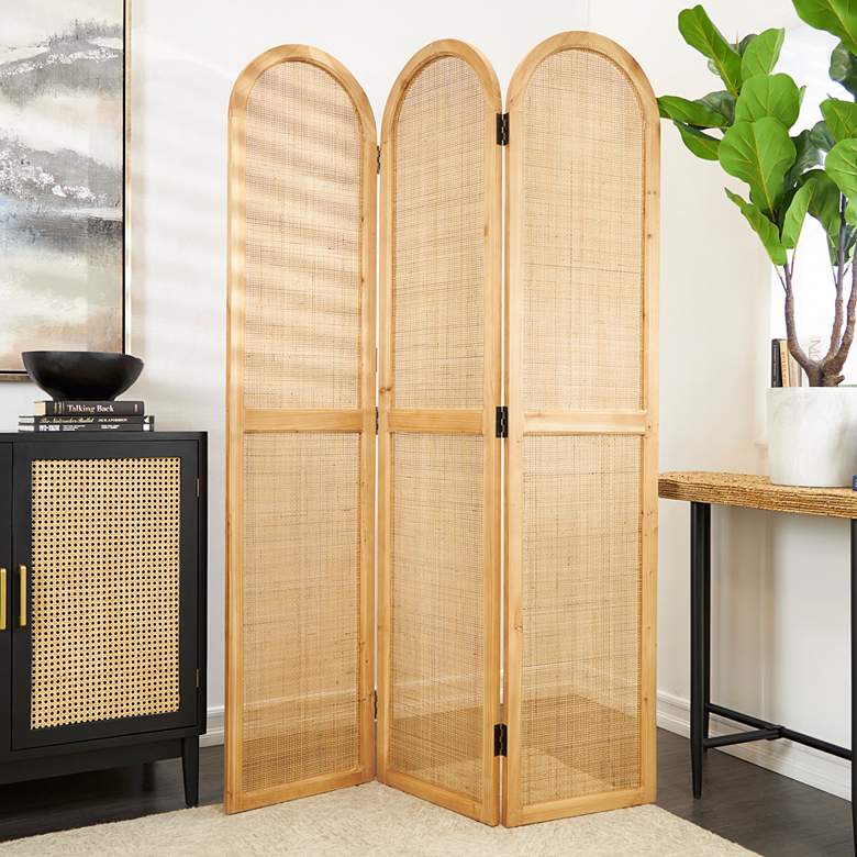 Image 1 Manila Brown 73 1/2" High 3-Panel Wood Room Divider Screen