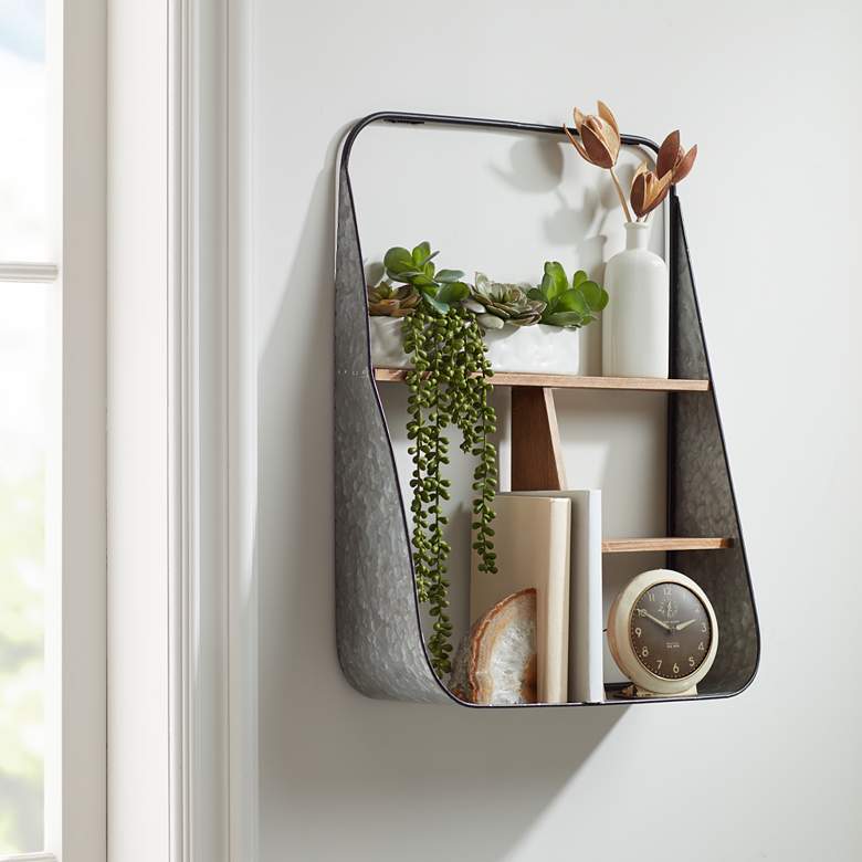Image 1 Manitoba Matte Gray Metal and Brown Wood Wall Shelf
